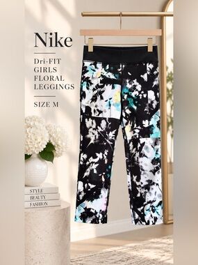 Nike Dri-FIT Girls Floral Cropped Leggings Black Multicolor Size M
